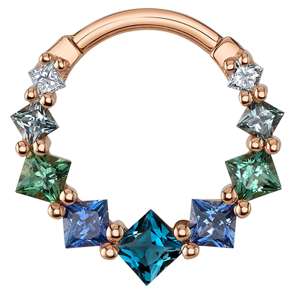 Graduating Tiffany Hinge Ring in Gold with London Blue Topaz, Polar Sapphire, Seafoam Tourmaline, Grey Sapphire & Diamonds