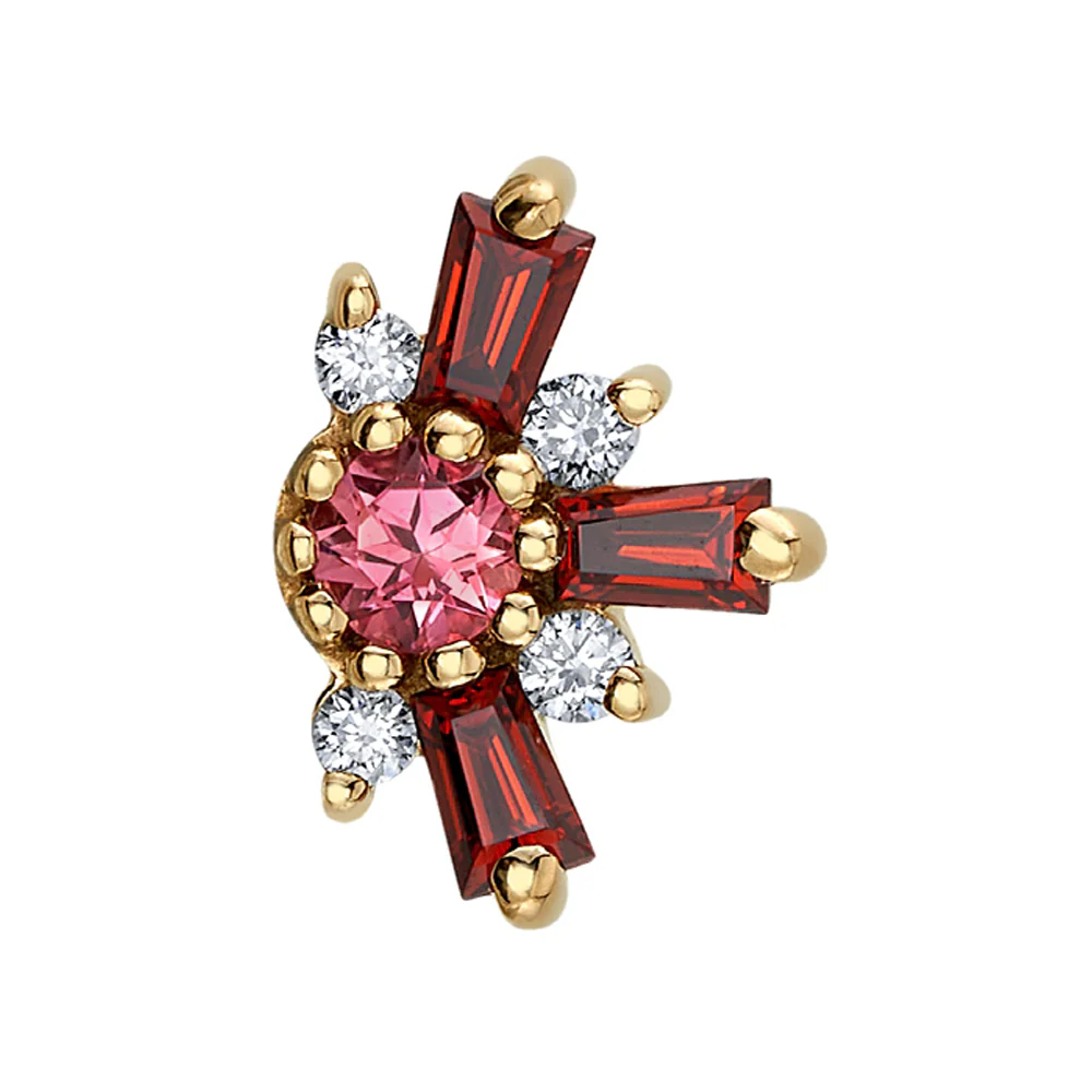 "Half Elaine" Threaded End in Gold with Garnet & Diamonds surrounding a Padparadscha Sapphire - Image 2