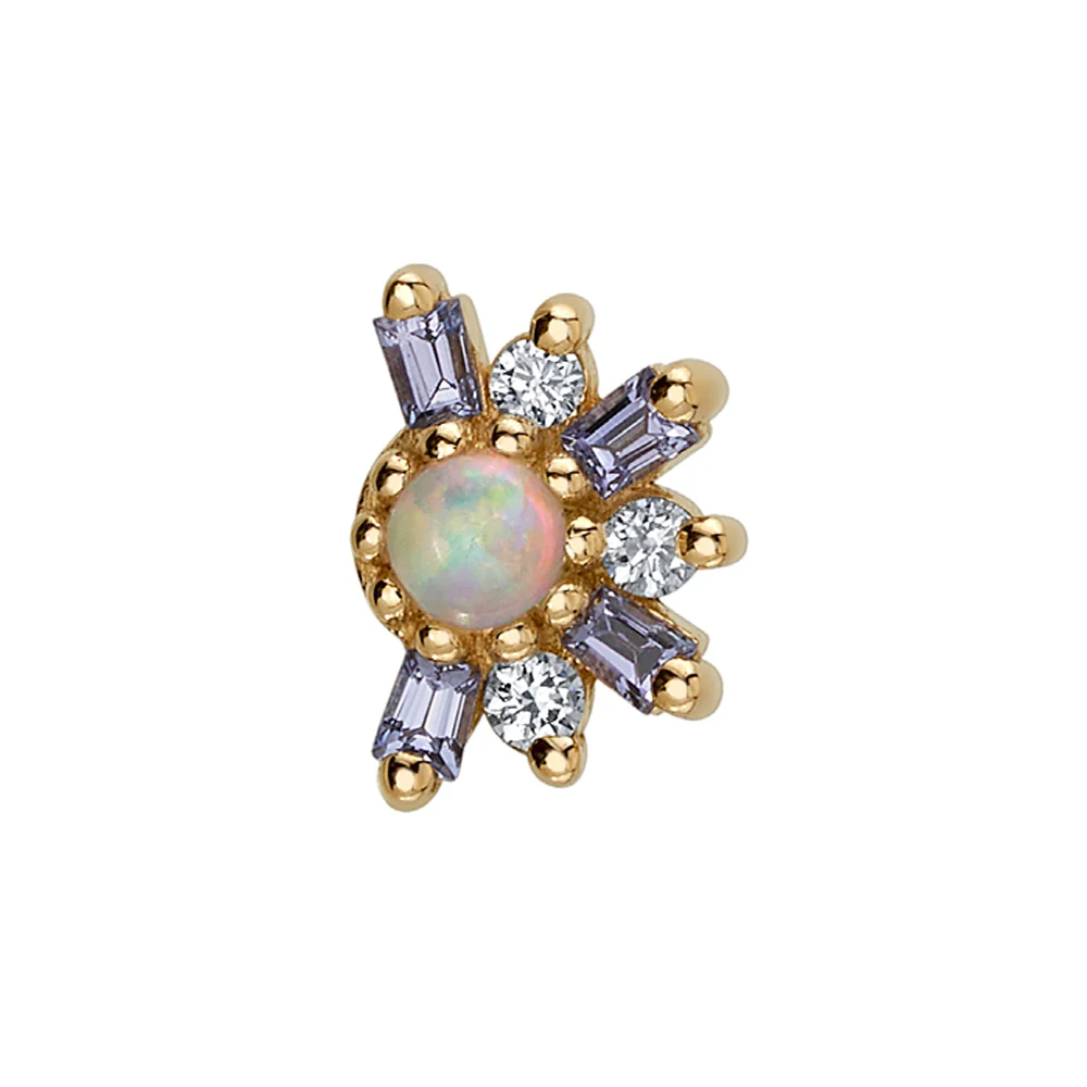 "Half Elaine" Threaded End in Gold with Tanzanite & Diamond surrounding a Genuine White Opal - Image 2