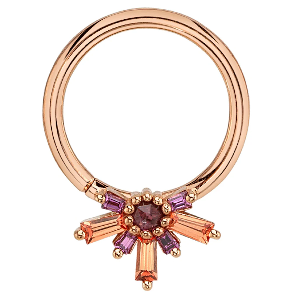 "Half Mininova" Seam Ring in Gold & Platinum with Rhodolite & Padparadscha Sapphires