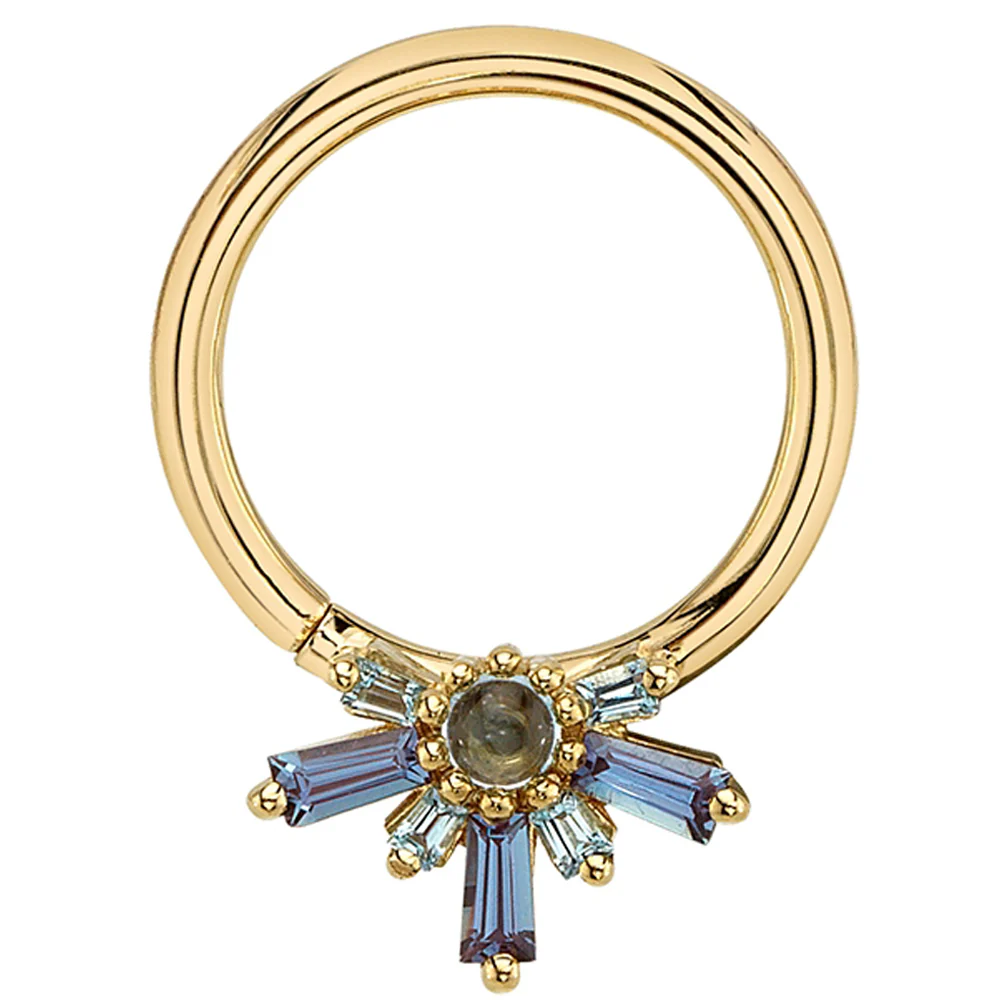 "Half Mininova" Seam Ring in Gold & Platinum with Swiss Blue Topaz & Chatham Alexandrite - Image 2