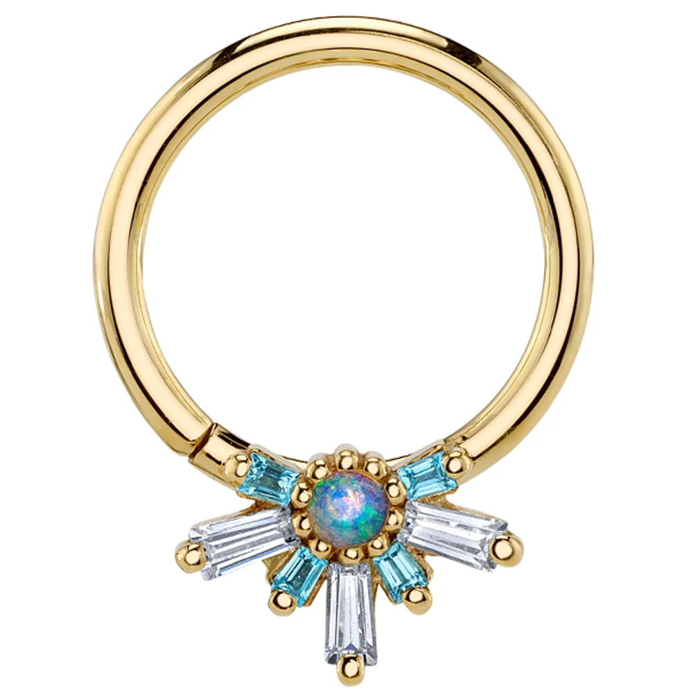 "Half Mininova" Seam Ring in Gold with DIAMOND, Swiss Blue Topaz & Genuine White Opal - Image 2