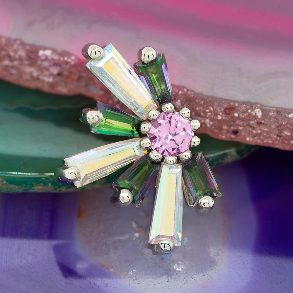 "Half Supernova" Threaded End in Gold with Mercury Mist Topaz & Mystic Topaz surrounding a Pink Sapphire - Image 2