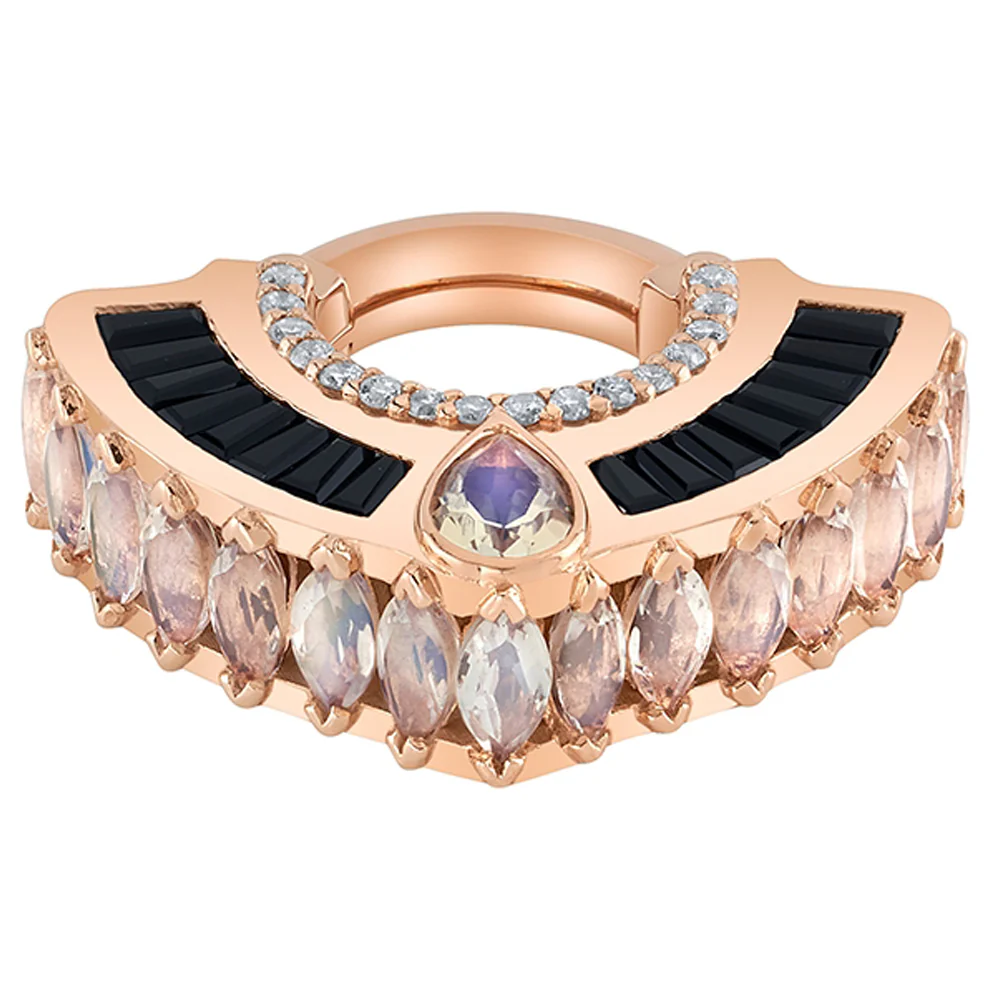 "Halo! Halo!" Hinge Ring in Gold with Faceted Rainbow Moonstone, Grey Diamond & Onyx - Image 2