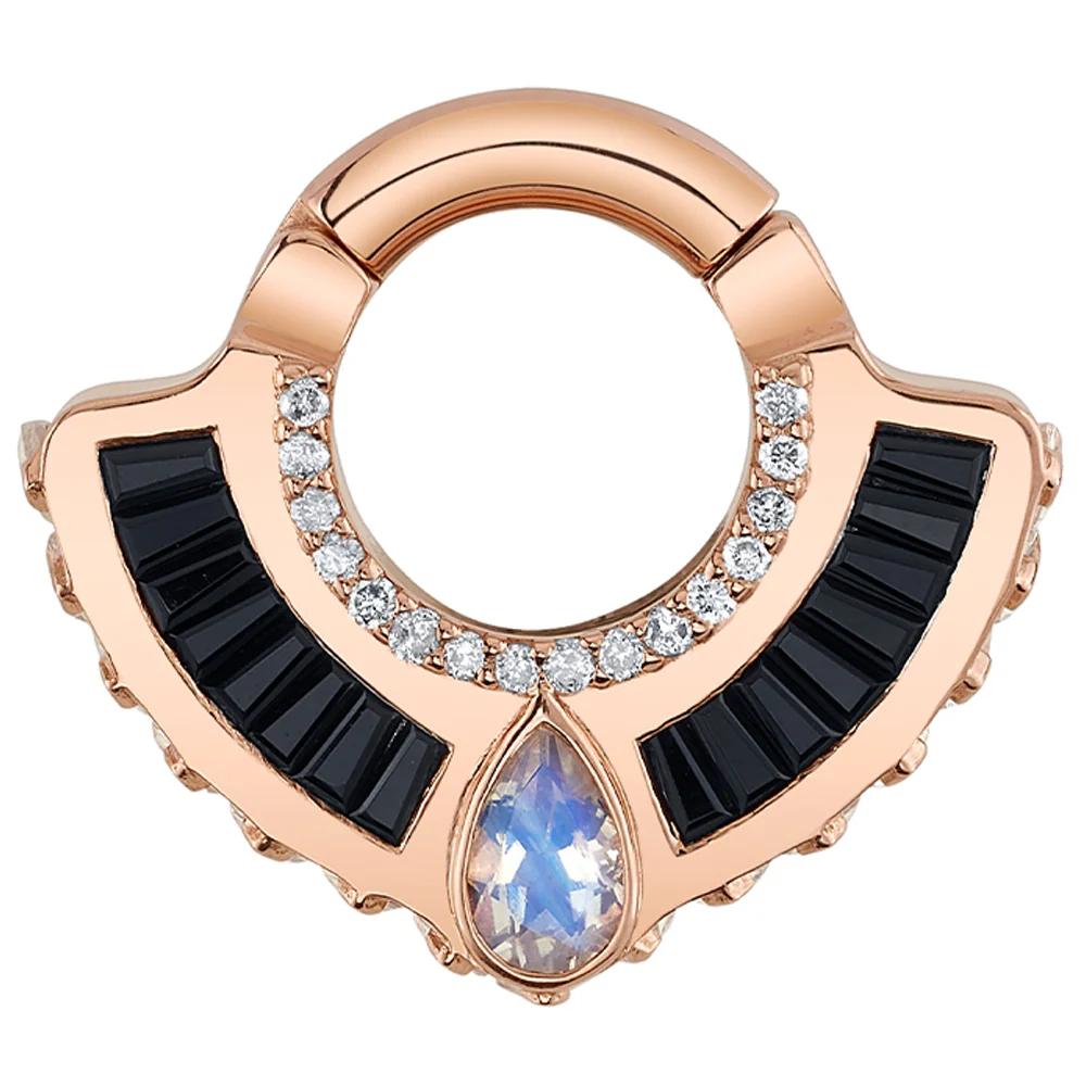 "Halo! Halo!" Hinge Ring in Gold with Faceted Rainbow Moonstone, Grey Diamond & Onyx - Image 3