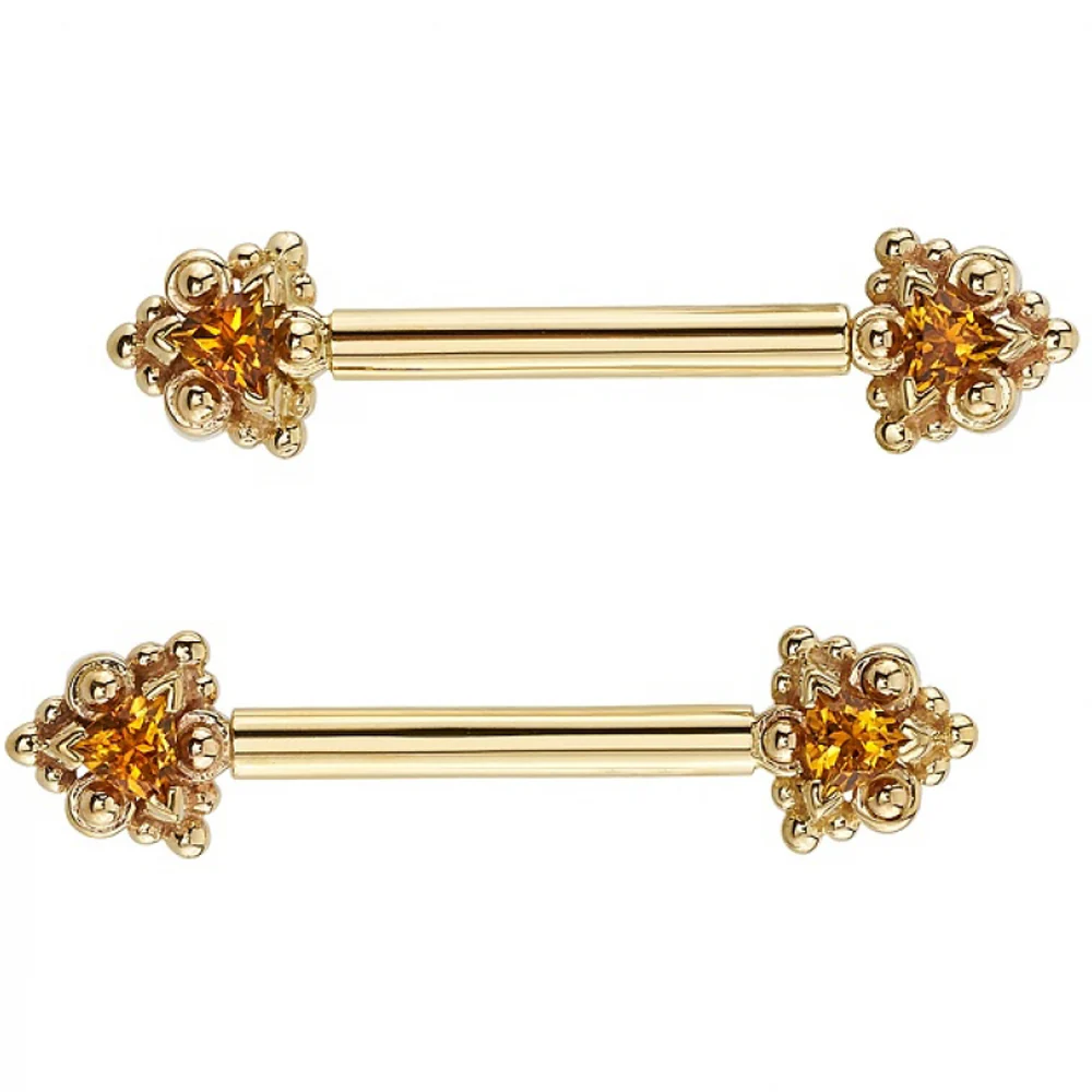 "Helana" Forward Facing Nipple Barbells in Gold with Citrine & Gold Beads - Image 2