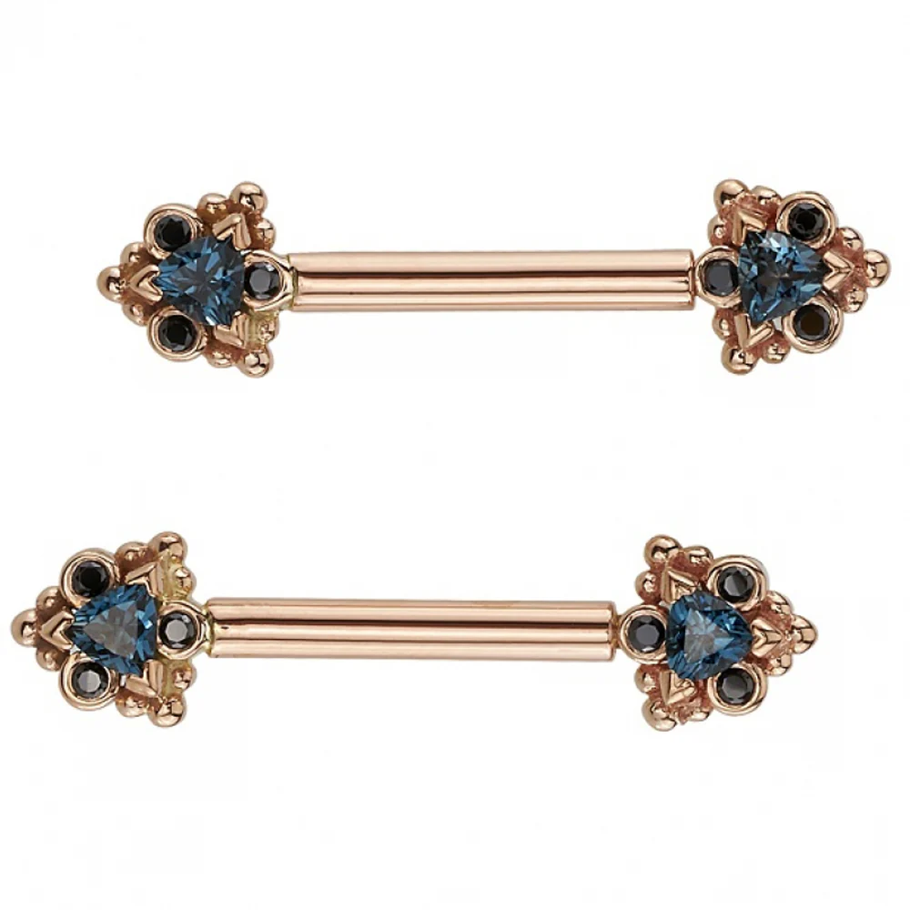 "Helana" Forward Facing Nipple Barbells in Gold with London Blue Topaz & Black Diamonds - Image 2
