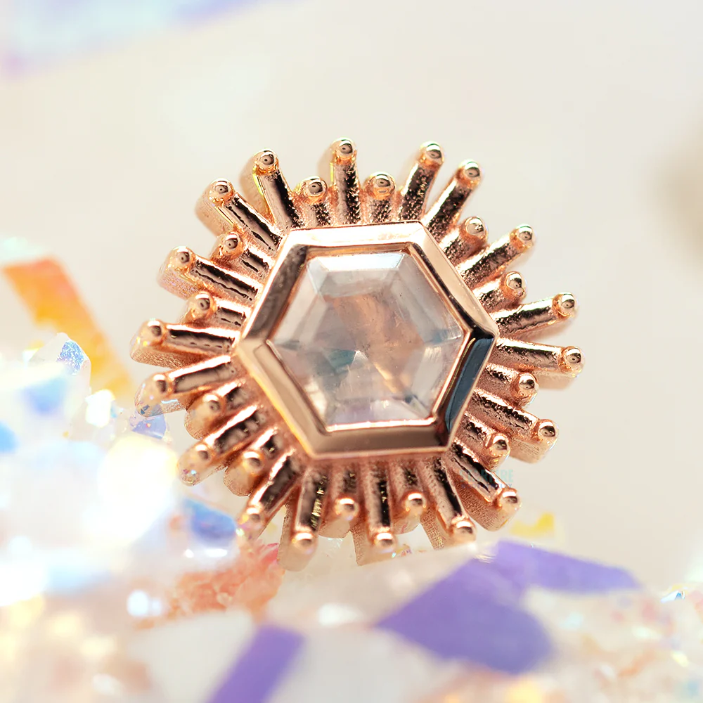 "Hexagon Borderline" Threaded End in Gold with Faceted Rainbow Moonstone - Image 2