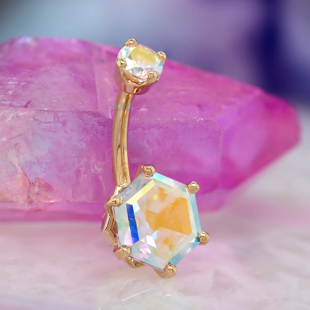 Hexagon Prong-Set Navel Curve in Gold & Platinum with Mercury Mist Topaz' - Image 2
