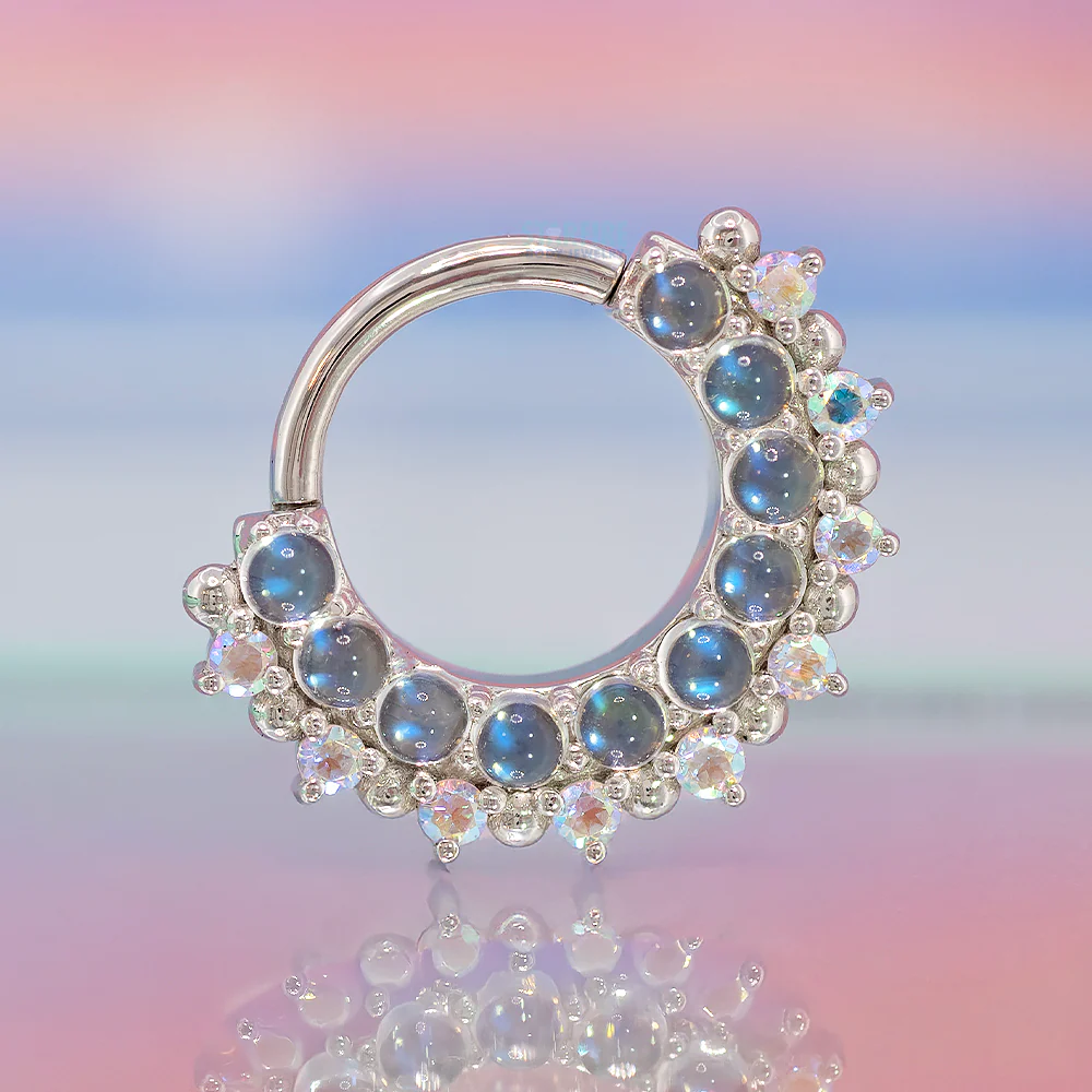 "Horizon 2" Hinge Ring in Gold with Rainbow Moonstone & Mercury Mist Topaz - Image 2