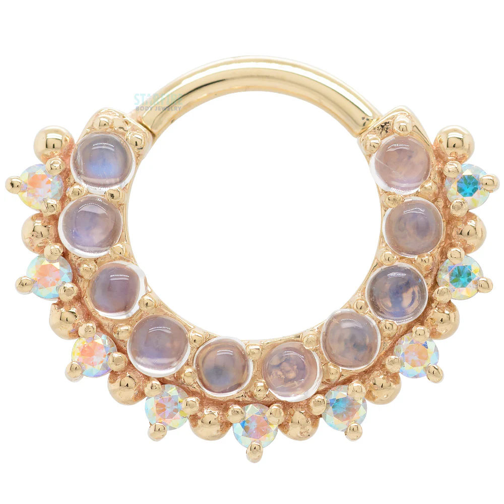 "Horizon 2" Hinge Ring in Gold with Rainbow Moonstone & Mercury Mist Topaz - Image 3