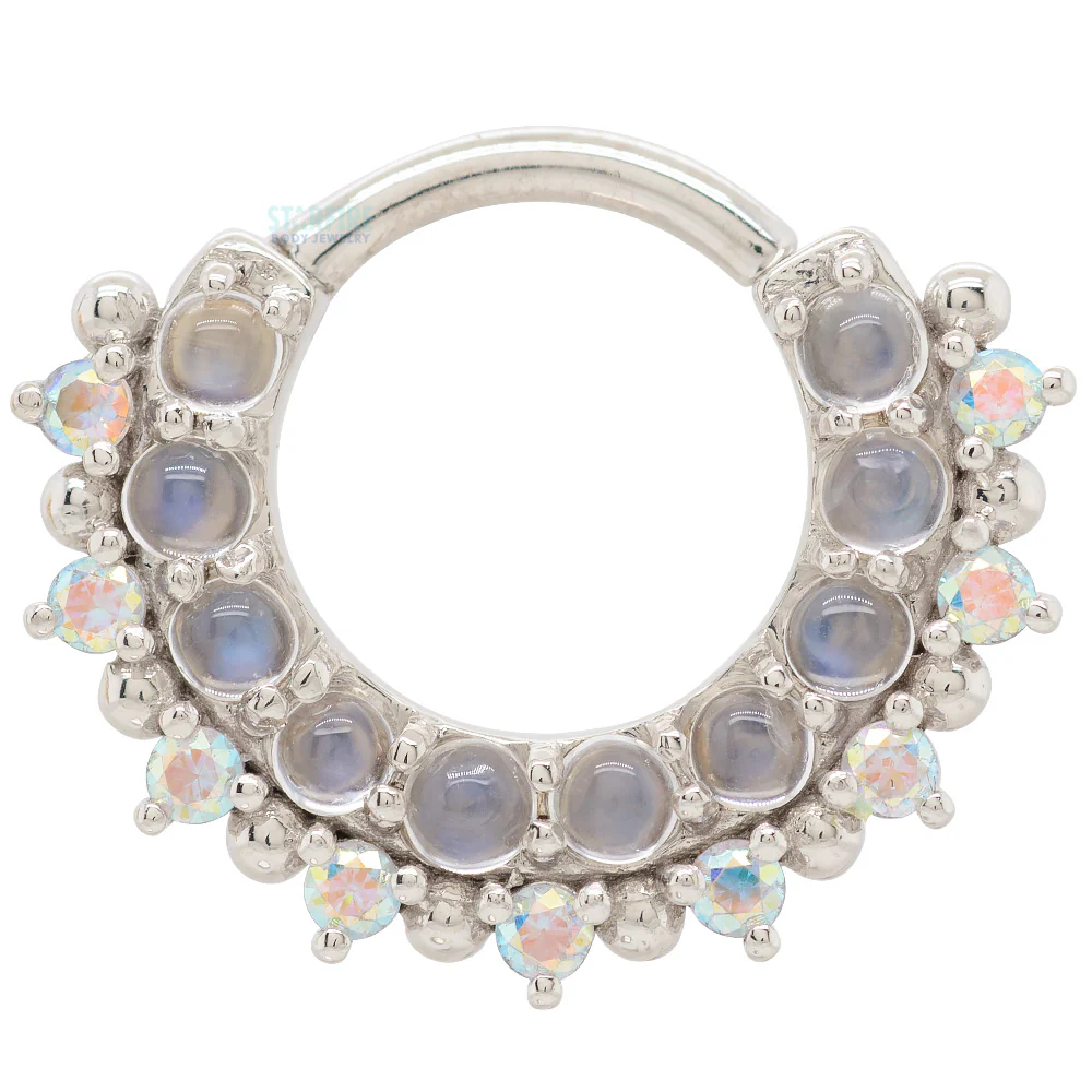 "Horizon 2" Hinge Ring in Gold with Rainbow Moonstone & Mercury Mist Topaz - Image 4