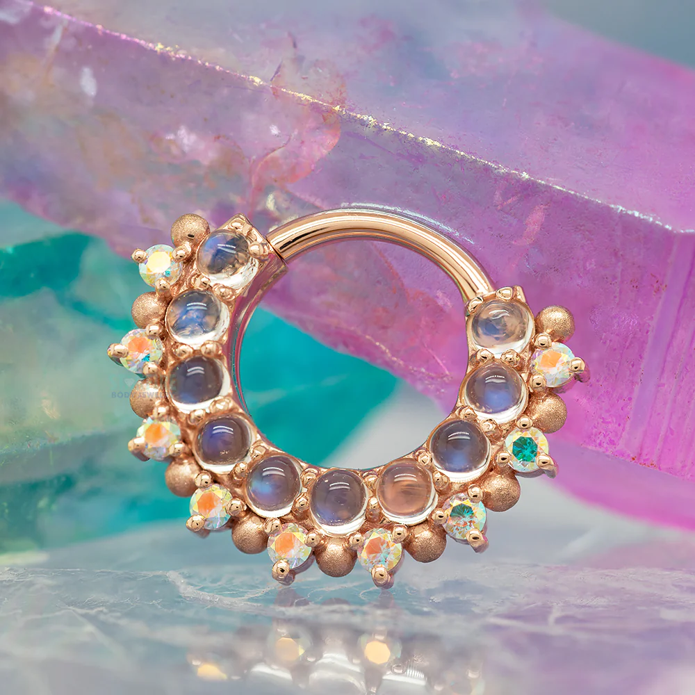 "Horizon 2" Hinge Ring in Gold & Platinum with Rainbow Moonstone & Mercury Mist Topaz with Sandblasted Bead Accents - Image 2