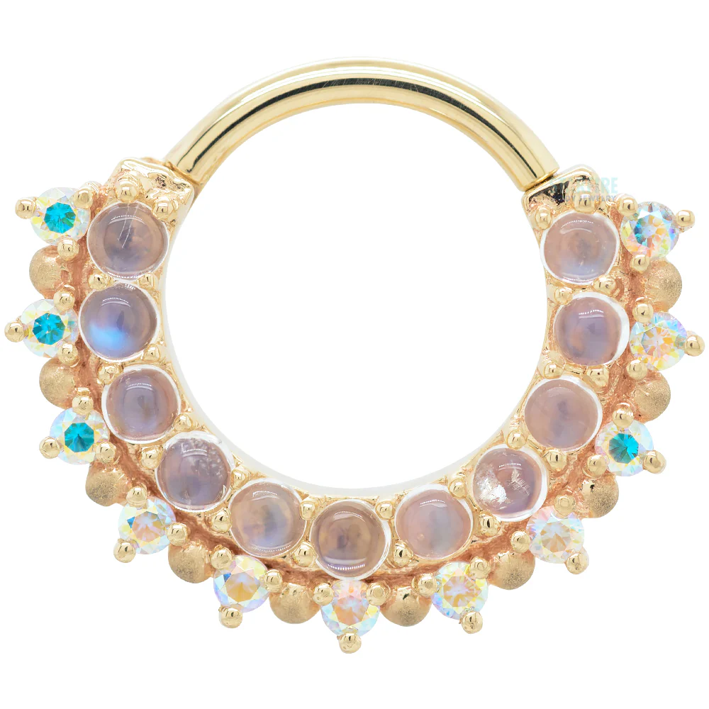 "Horizon 2" Hinge Ring in Gold & Platinum with Rainbow Moonstone & Mercury Mist Topaz with Sandblasted Bead Accents - Image 3