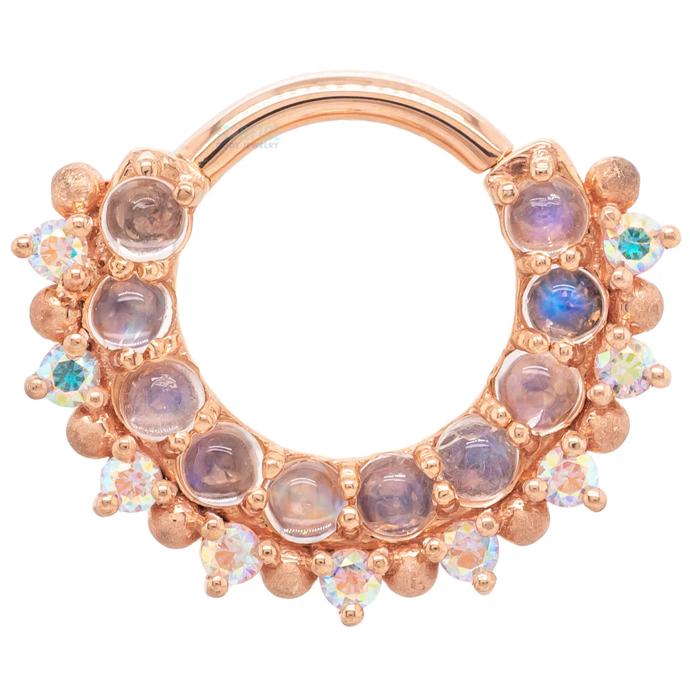 "Horizon 2" Hinge Ring in Gold & Platinum with Rainbow Moonstone & Mercury Mist Topaz with Sandblasted Bead Accents - Image 4