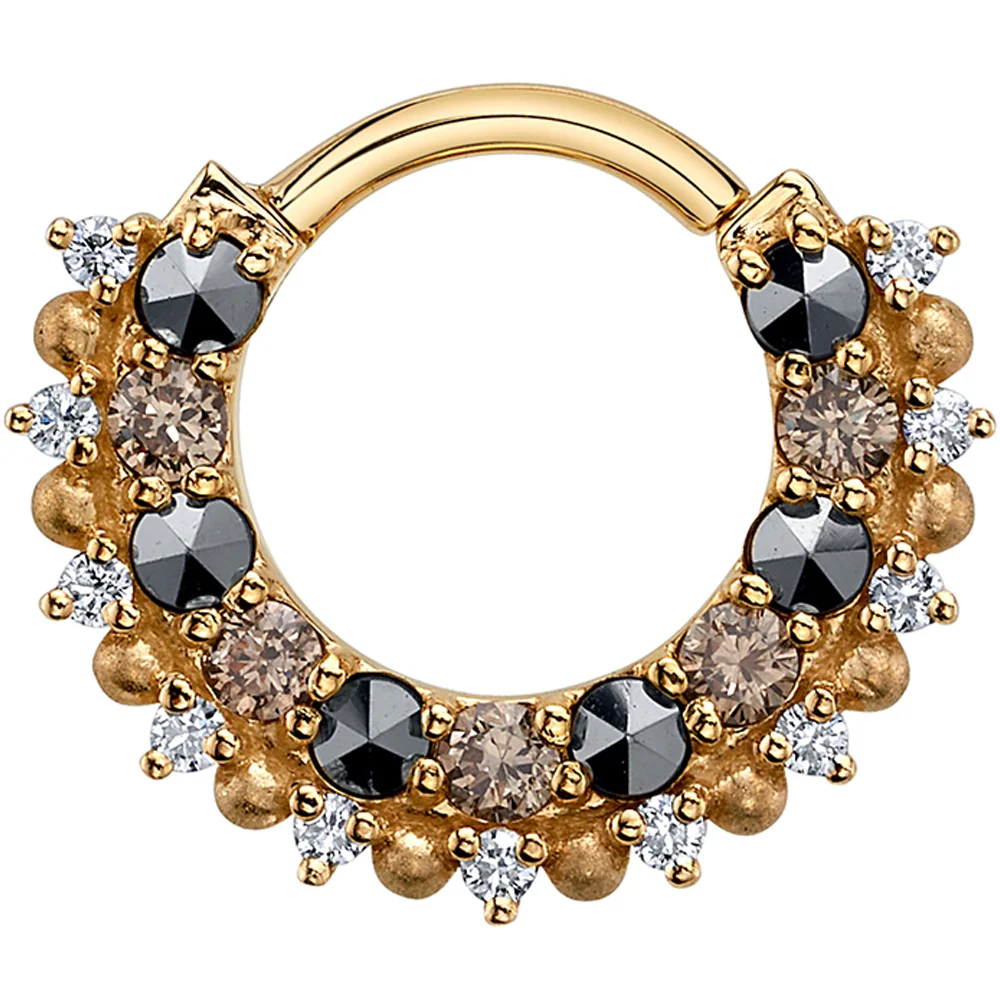 "Horizon" Hinge Ring in Gold with Marcasite, Champagne Diamond & White Diamond with Sandblasted Bead Accents - Image 2