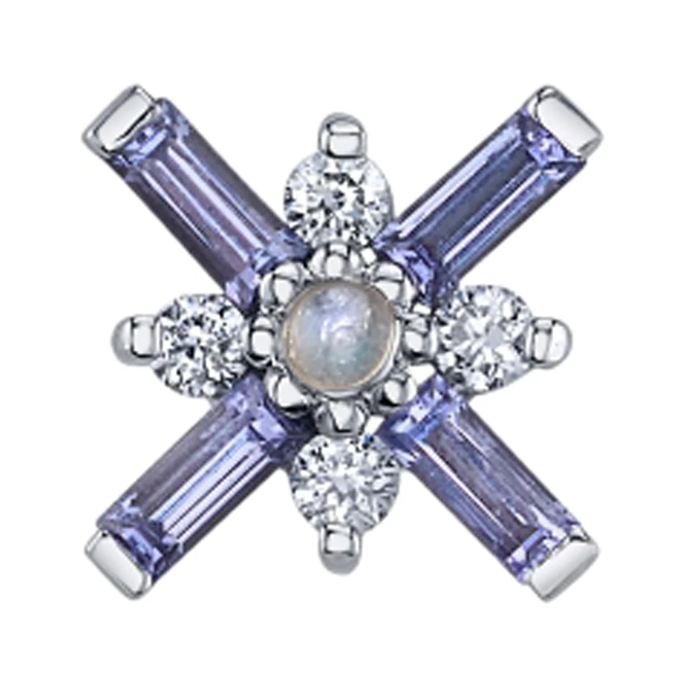 "Kaneda" Threaded End in Gold with Tanzanite, Diamond & Rainbow Moonstone Cabochon - Image 2
