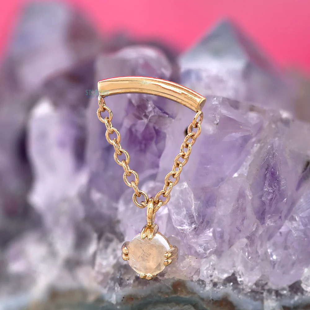 "Kendall" Hidden Helix Threaded End in Gold & Platinum with Rose Cut Rainbow Moonstone - Image 2