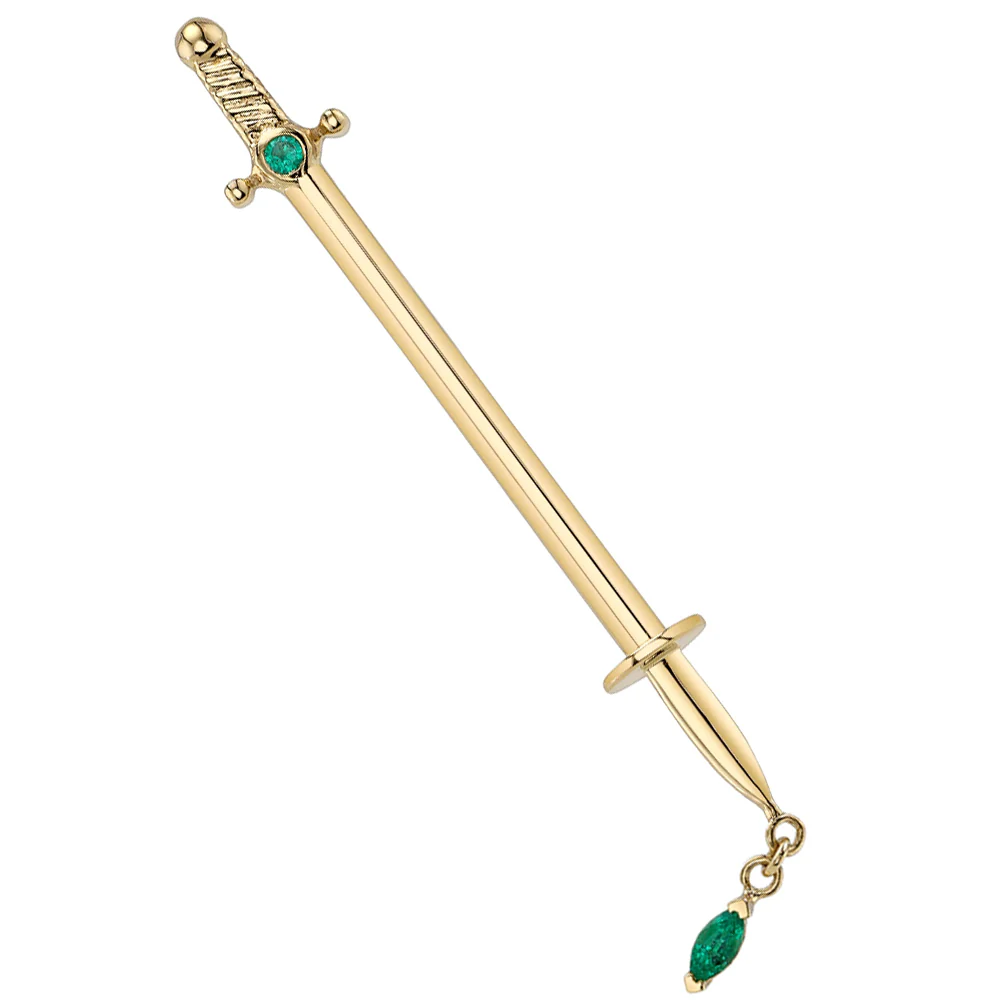 "Kiss of Death" Industrial Barbell in Gold with Emeralds - Image 2