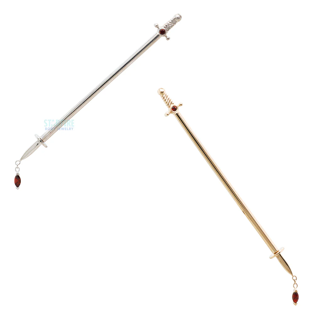 "Kiss of Death" Industrial Barbell in Gold & Platinum with Garnets