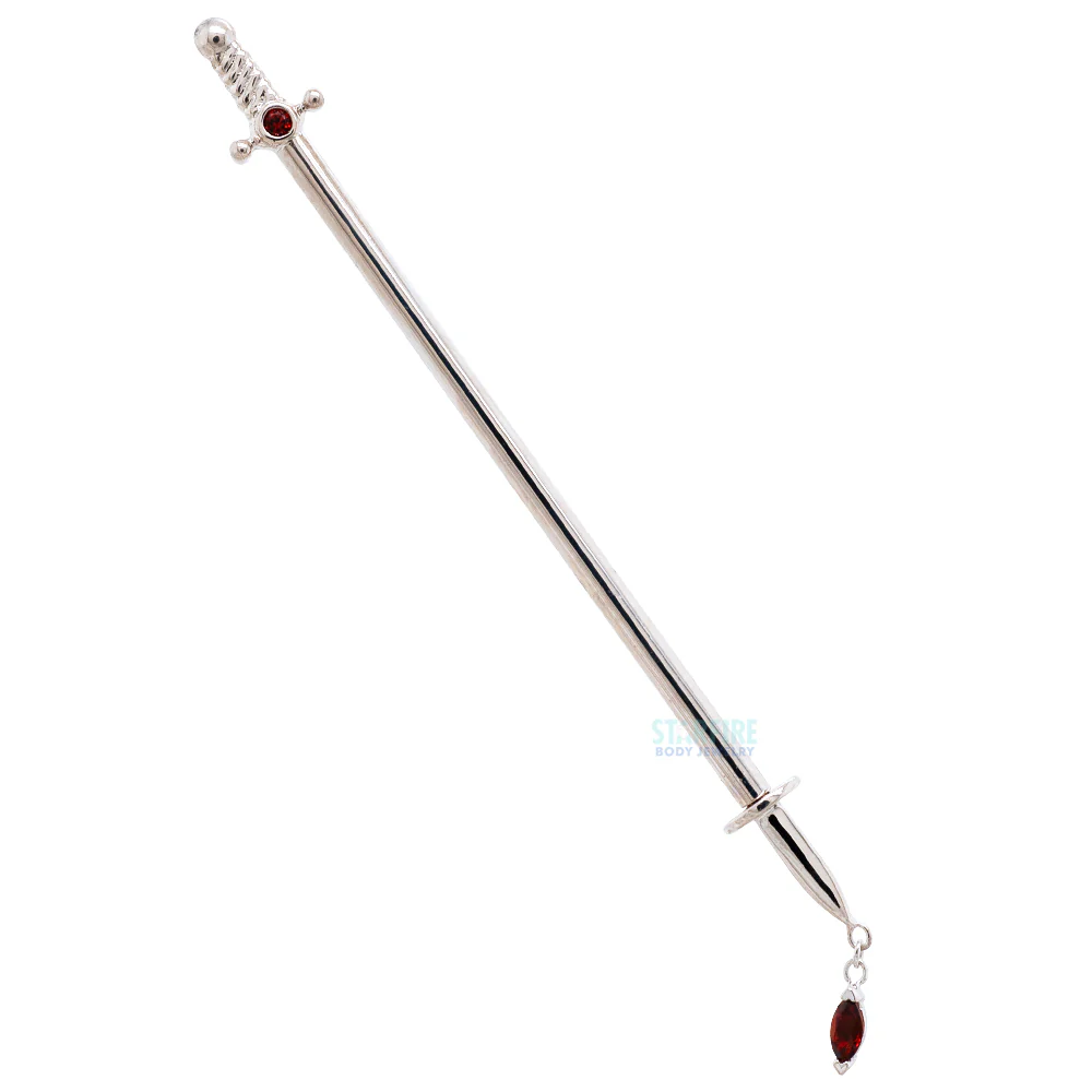 "Kiss of Death" Industrial Barbell in Gold & Platinum with Garnets - Image 4