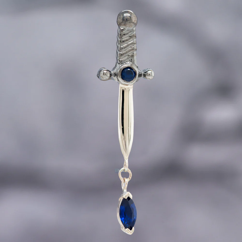 "Kiss of Death" Threaded End in Gold with Double Blue Sapphire & Black Rhodium Hilt - Image 2