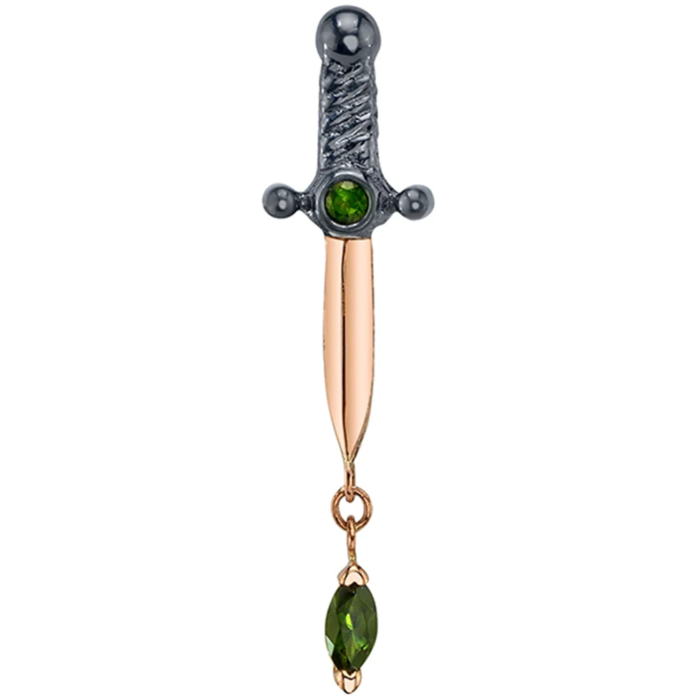"Kiss of Death" Threaded End in Gold with Double Green Tourmaline & Black Rhodium Hilt