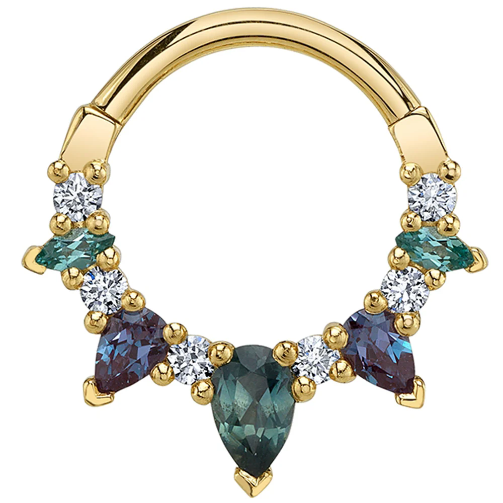 "Leann" Hinge Ring in Gold with Diamond, Chatham Paraiba Spinel, Chatham Alexandrite & Grey Sapphire - Image 2