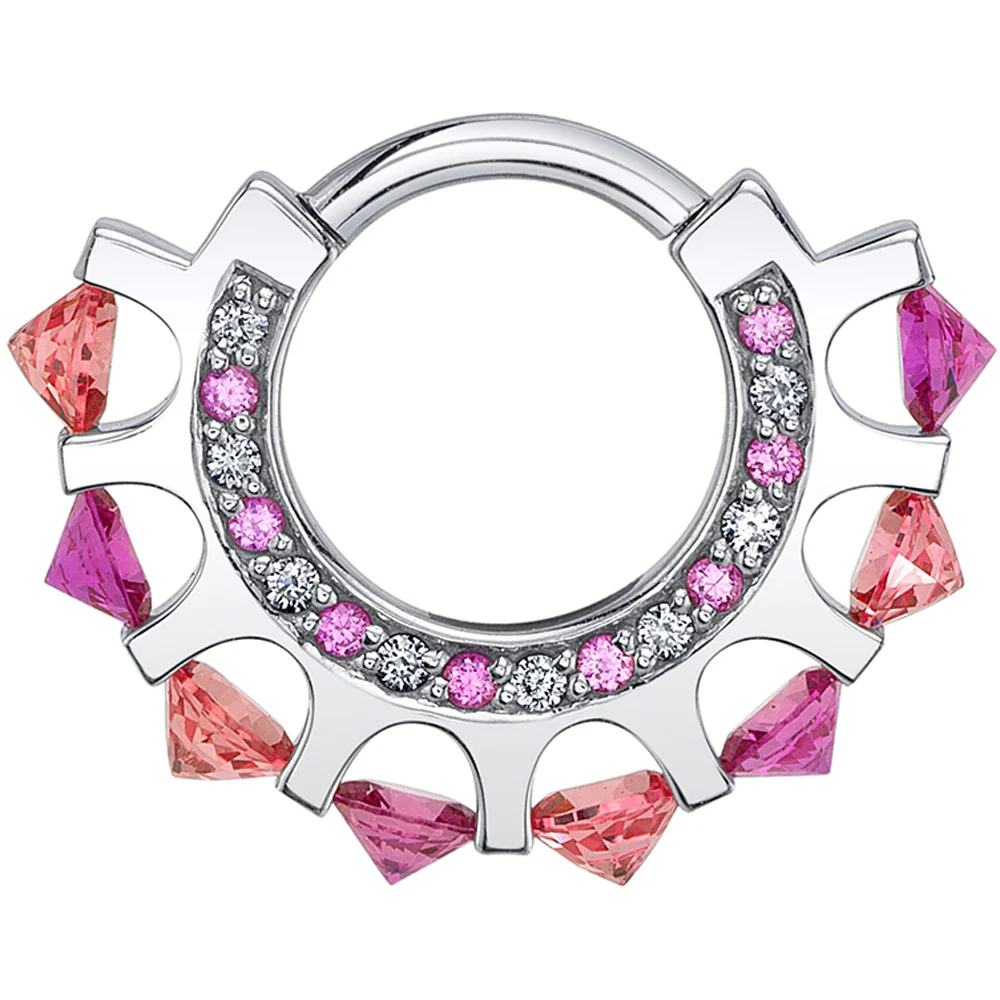 "Lia" Hinge Ring in Gold & Platinum with Padparadscha Sapphire, Hot Pink Sapphire, Diamond & Pink Sapphires - Image 2