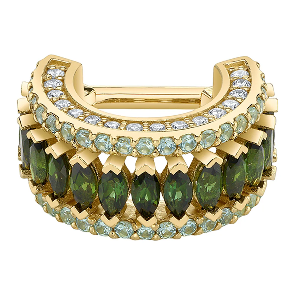 "Lilly" Hinge Ring in Gold with Grey Sapphire, Green Tourmaline & Diamonds