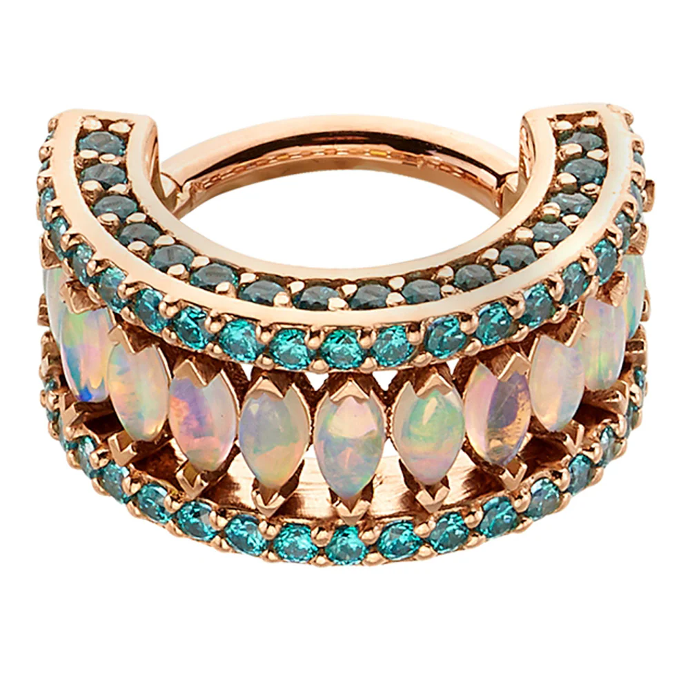 "Lilly" Hinge Ring in Gold with Mint CZ & Genuine White Opals