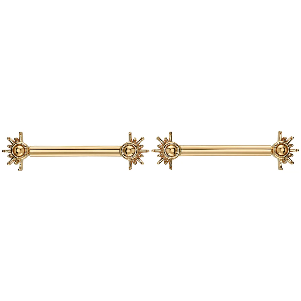 "Live to Tell" Forward Facing Nipple Barbells in Gold with Gold Beads - Image 2