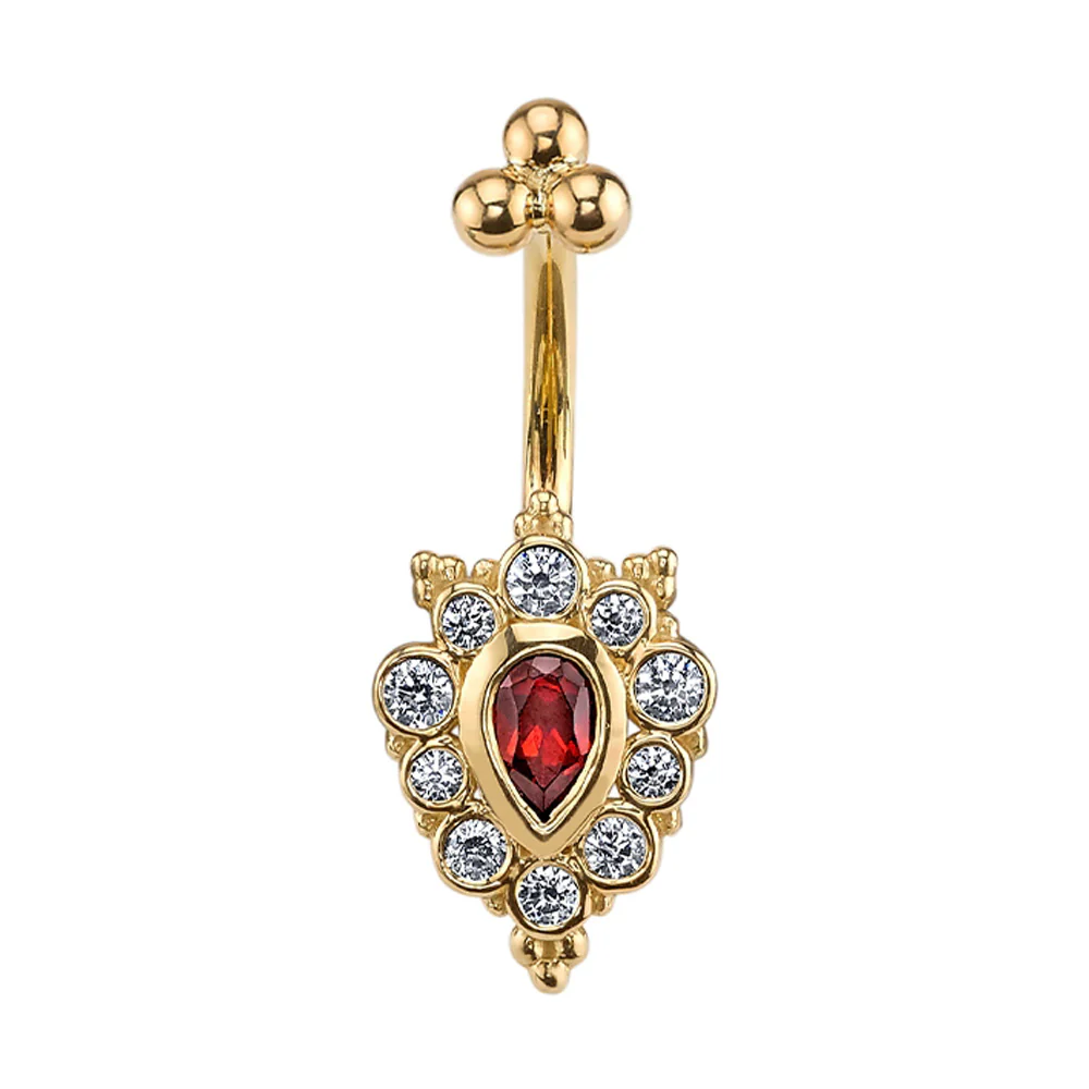 "Lucy" Navel J Curve in Gold with DIAMONDS and Ruby's