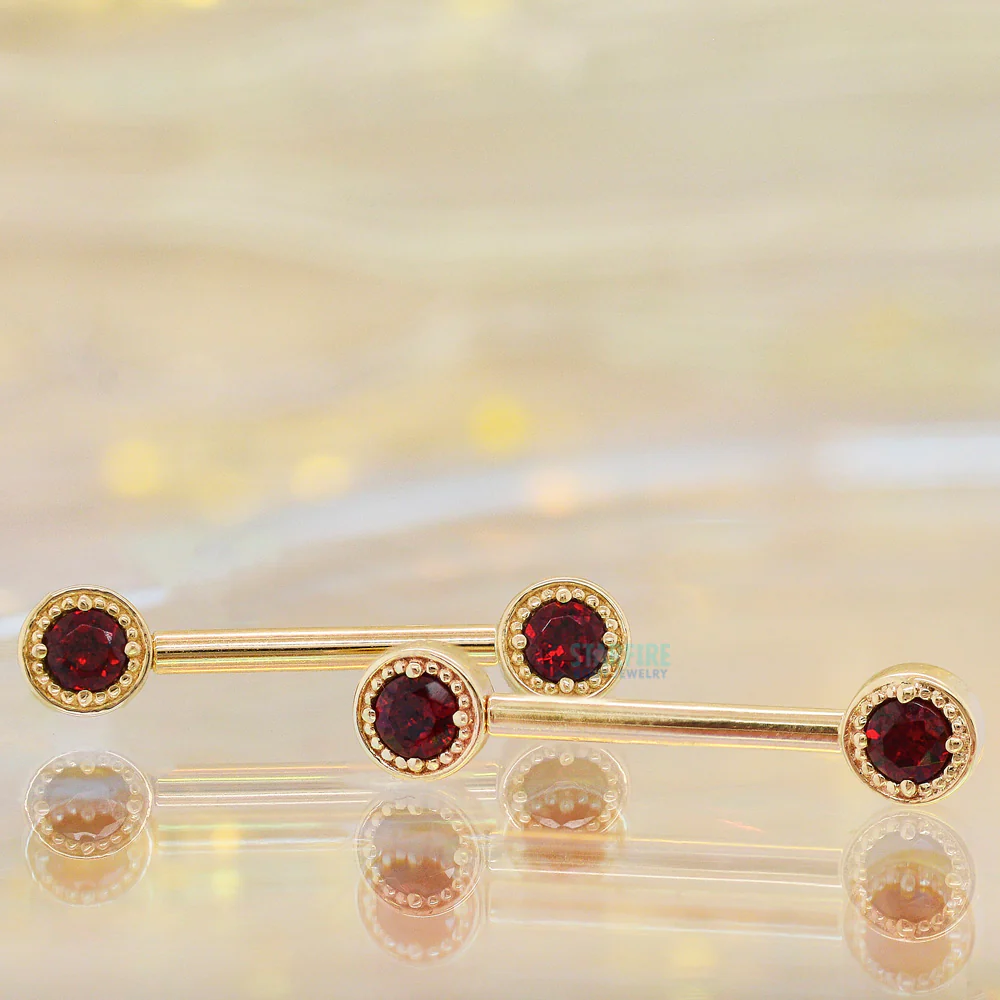Milgrain Prong Forward Facing Nipple Barbells in Gold & Platinum with Garnet - Image 2