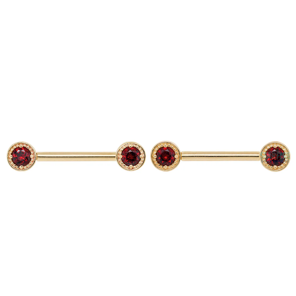 Milgrain Prong Forward Facing Nipple Barbells in Gold & Platinum with Garnet - Image 3