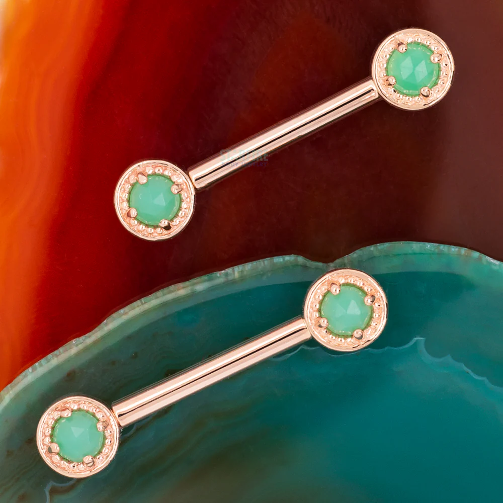 Milgrain Prong Forward Facing Nipple Barbells in Gold & Platinum with Rose Cut Chrysoprase - Image 2