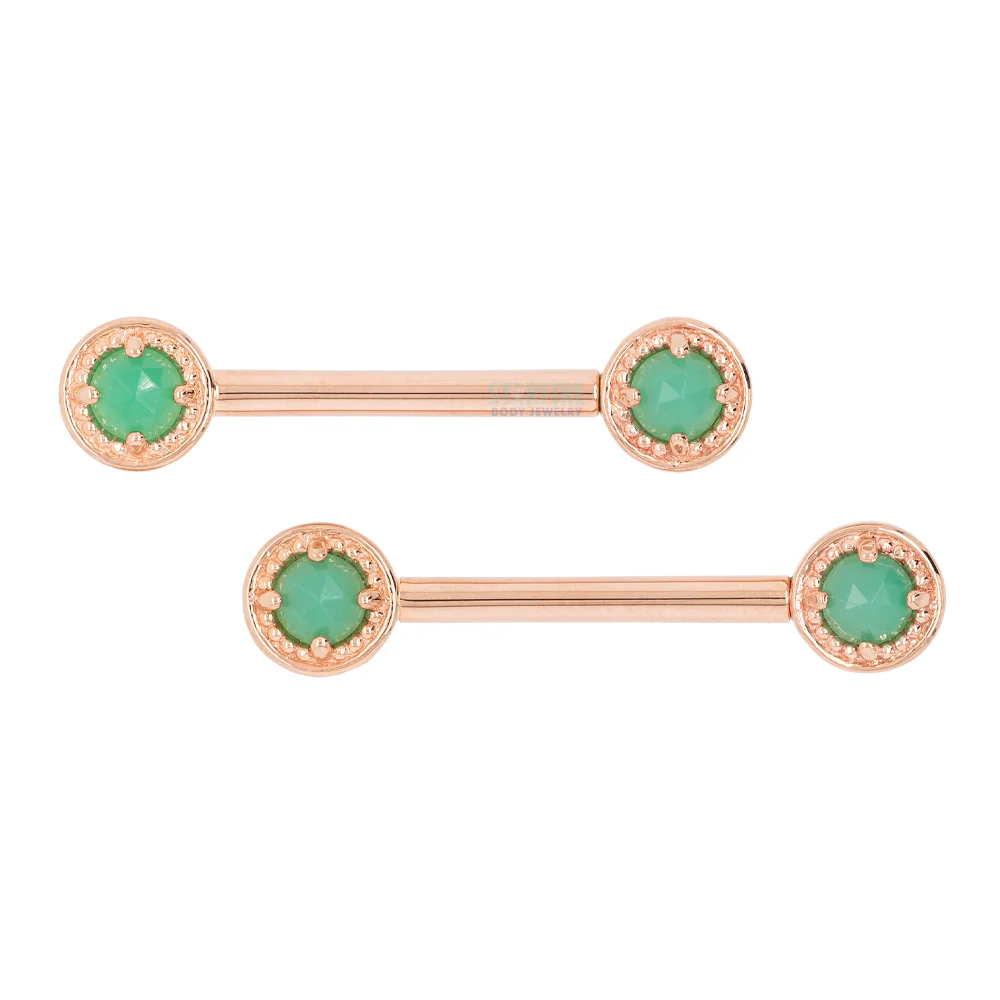 Milgrain Prong Forward Facing Nipple Barbells in Gold & Platinum with Rose Cut Chrysoprase - Image 3