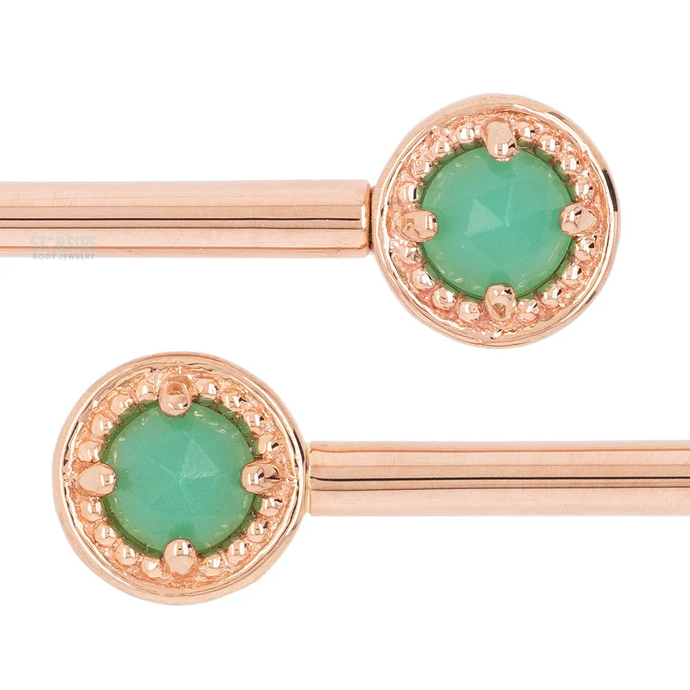 Milgrain Prong Forward Facing Nipple Barbells in Gold & Platinum with Rose Cut Chrysoprase - Image 4