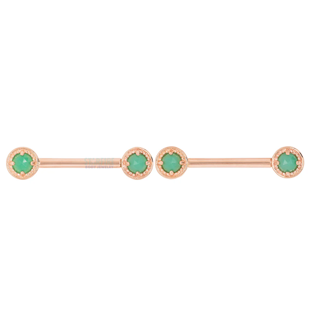 Milgrain Prong Forward Facing Nipple Barbells in Gold & Platinum with Rose Cut Chrysoprase - Image 5
