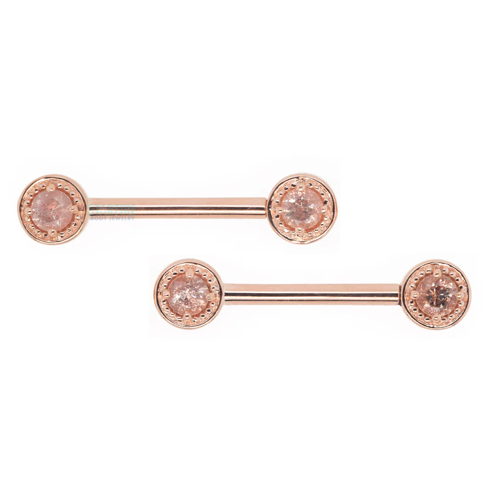 Milgrain Prong Forward Facing Nipple Barbells in Gold & Platinum with Oregon Sunstone
