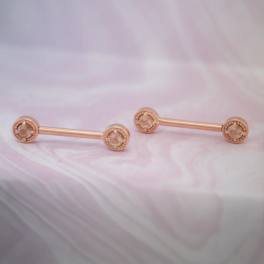 Milgrain Prong Forward Facing Nipple Barbells in Gold & Platinum with Oregon Sunstone - Image 2