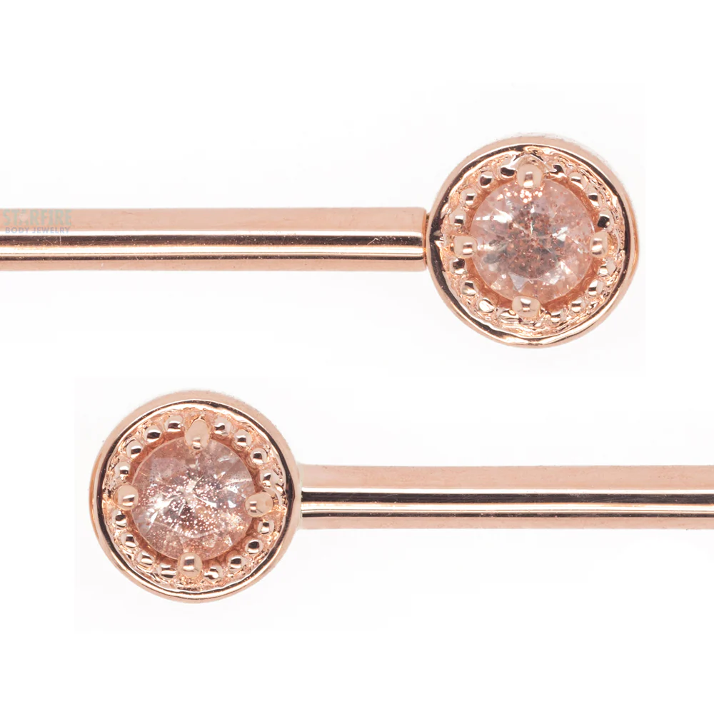 Milgrain Prong Forward Facing Nipple Barbells in Gold & Platinum with Oregon Sunstone - Image 3