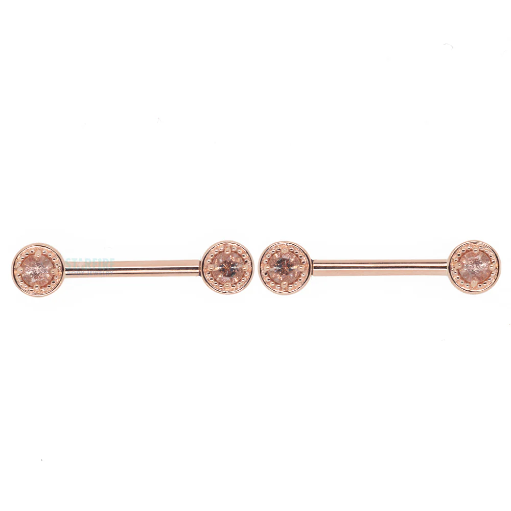 Milgrain Prong Forward Facing Nipple Barbells in Gold & Platinum with Oregon Sunstone - Image 4