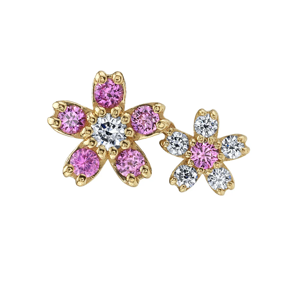 Mini Cherry Blossom Cluster Threaded End in Gold & Platinum with Pink Sapphire & Diamonds - Image 2