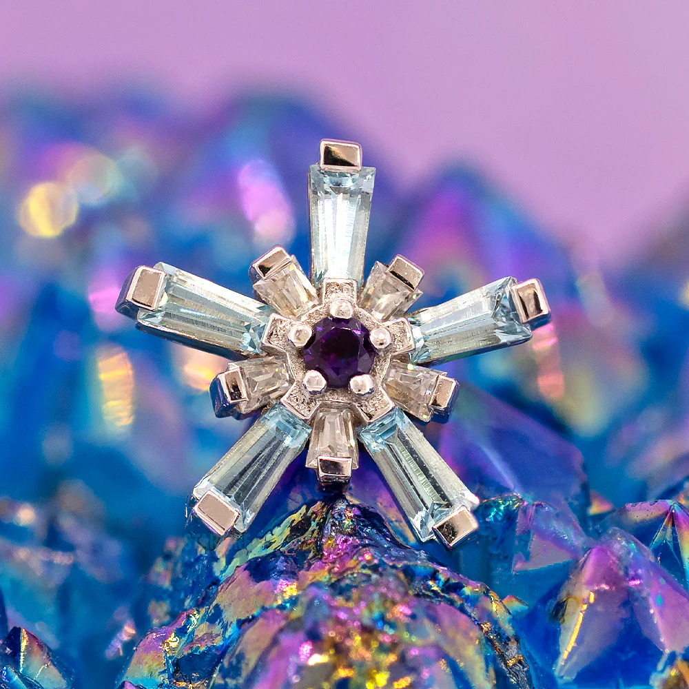 "Mininova" Threaded End in Gold with Swiss Blue Topaz' & White CZ's Surrounding an Amethyst - Image 2
