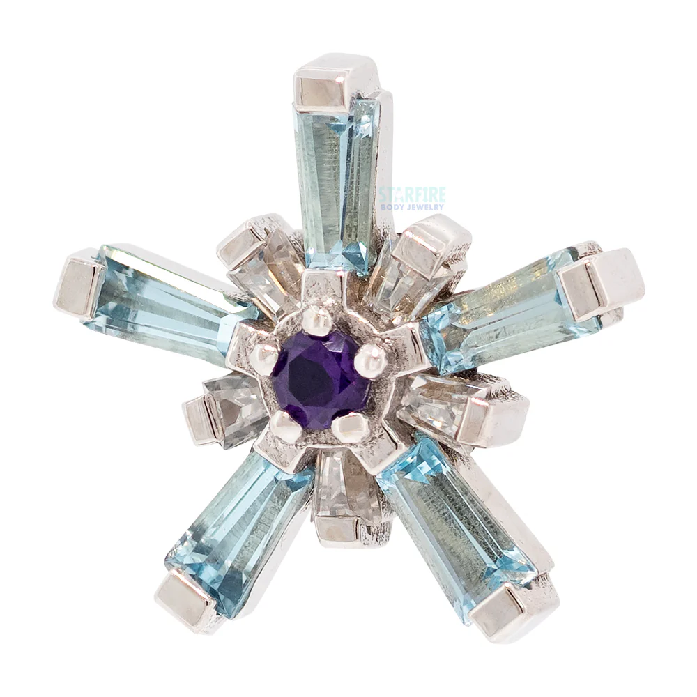 "Mininova" Threaded End in Gold with Swiss Blue Topaz' & White CZ's Surrounding an Amethyst - Image 3
