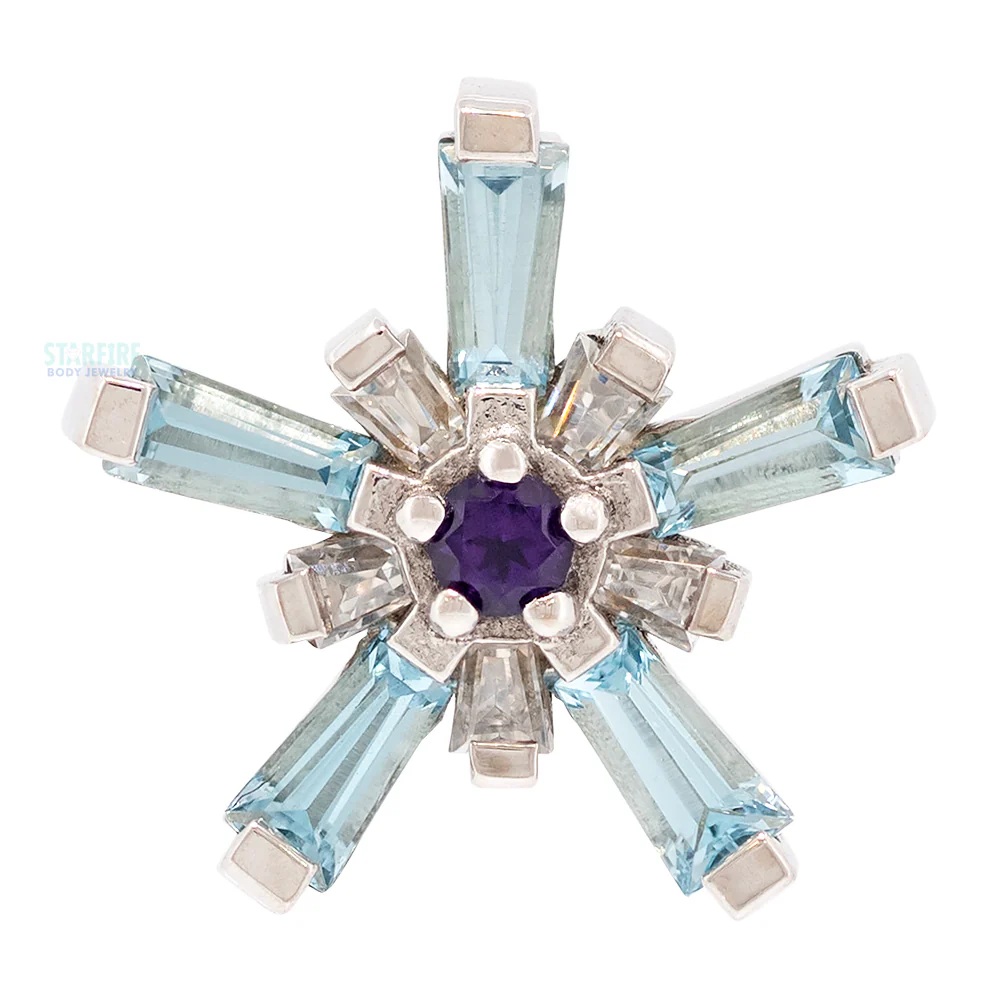 "Mininova" Threaded End in Gold with Swiss Blue Topaz' & White CZ's Surrounding an Amethyst - Image 4
