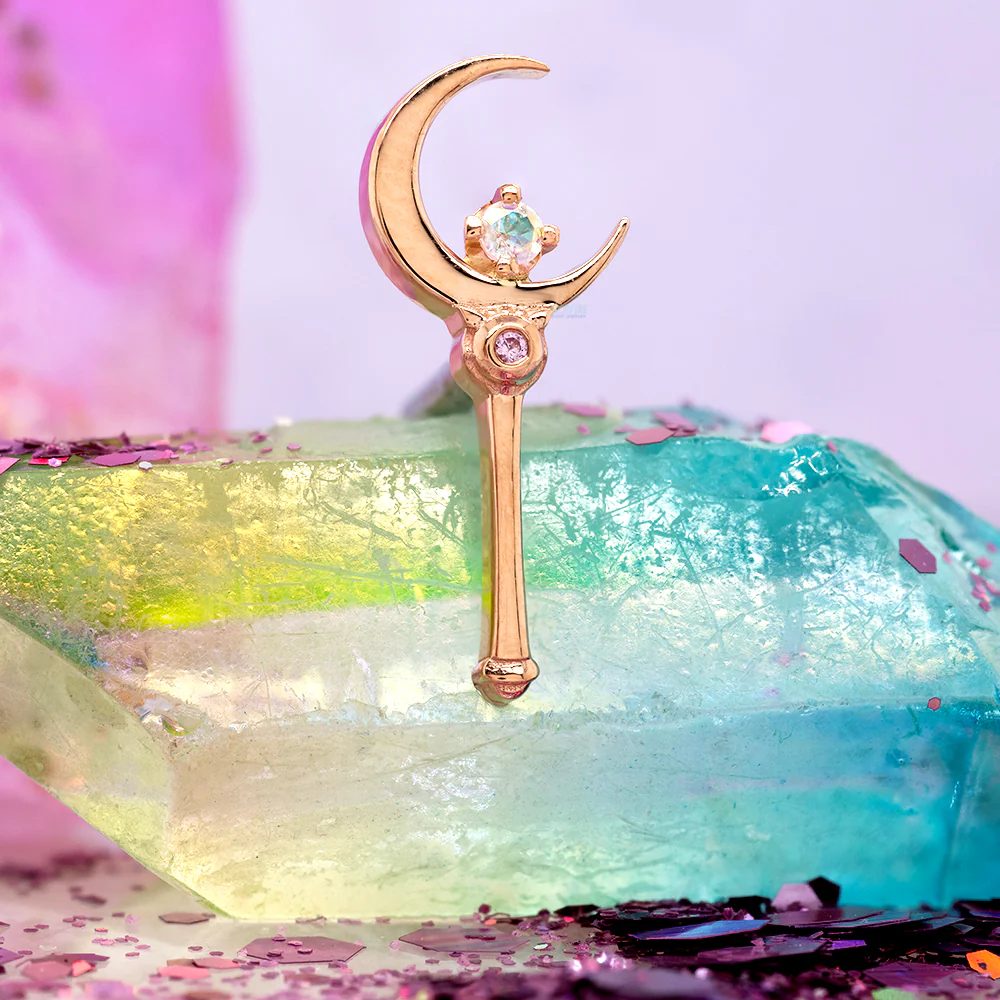 "Moon Crystal" Threaded End in Gold & Platinum with Mercury Mist Topaz & Light Pink Sapphire - Image 2