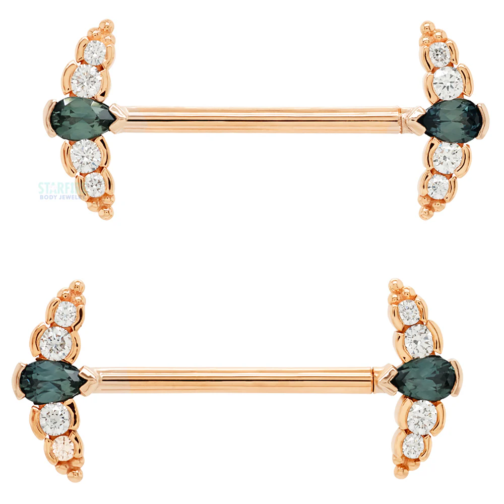 "Nikki Panaraya" Forward Facing Nipple Barbells in Gold with Grey Sapphire & Diamonds