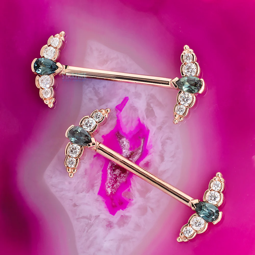 "Nikki Panaraya" Forward Facing Nipple Barbells in Gold with Grey Sapphire & Diamonds - Image 2
